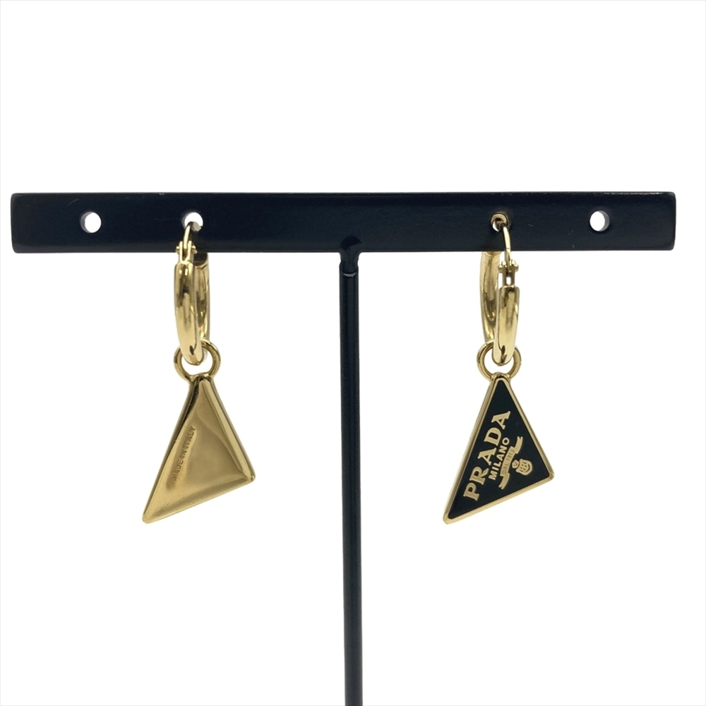 Prada Triangle Hoop Earrings, GP Black with Gold Hardware